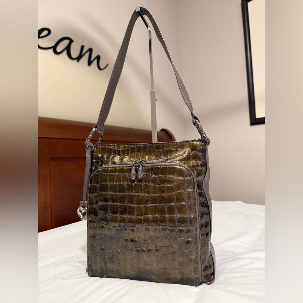Brighton Sonny Crocodile-Embossed Bronze/Brown Organizer Shoulder Bag